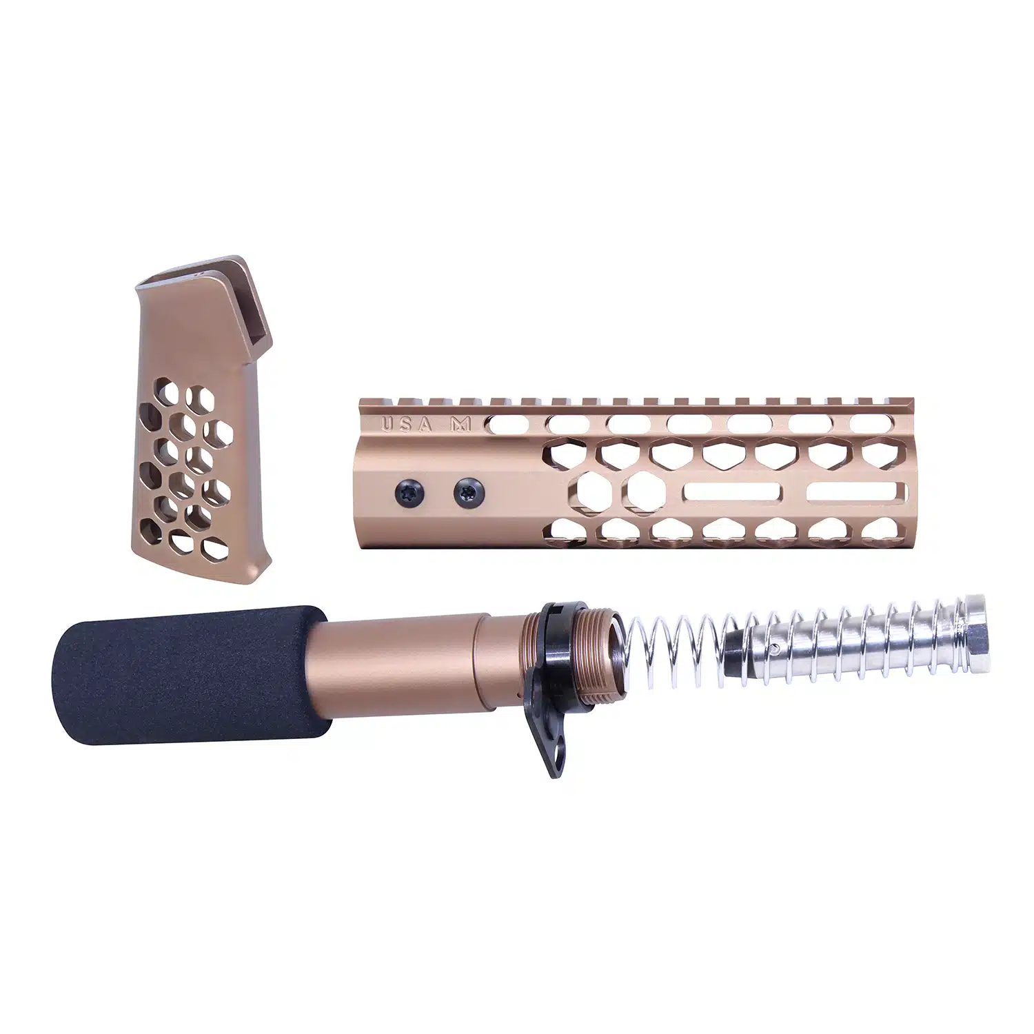 AR-15 Honeycomb Pistol Furniture Set in Anodized Bronze showing pistol grip, handguard, and buffer tube components
