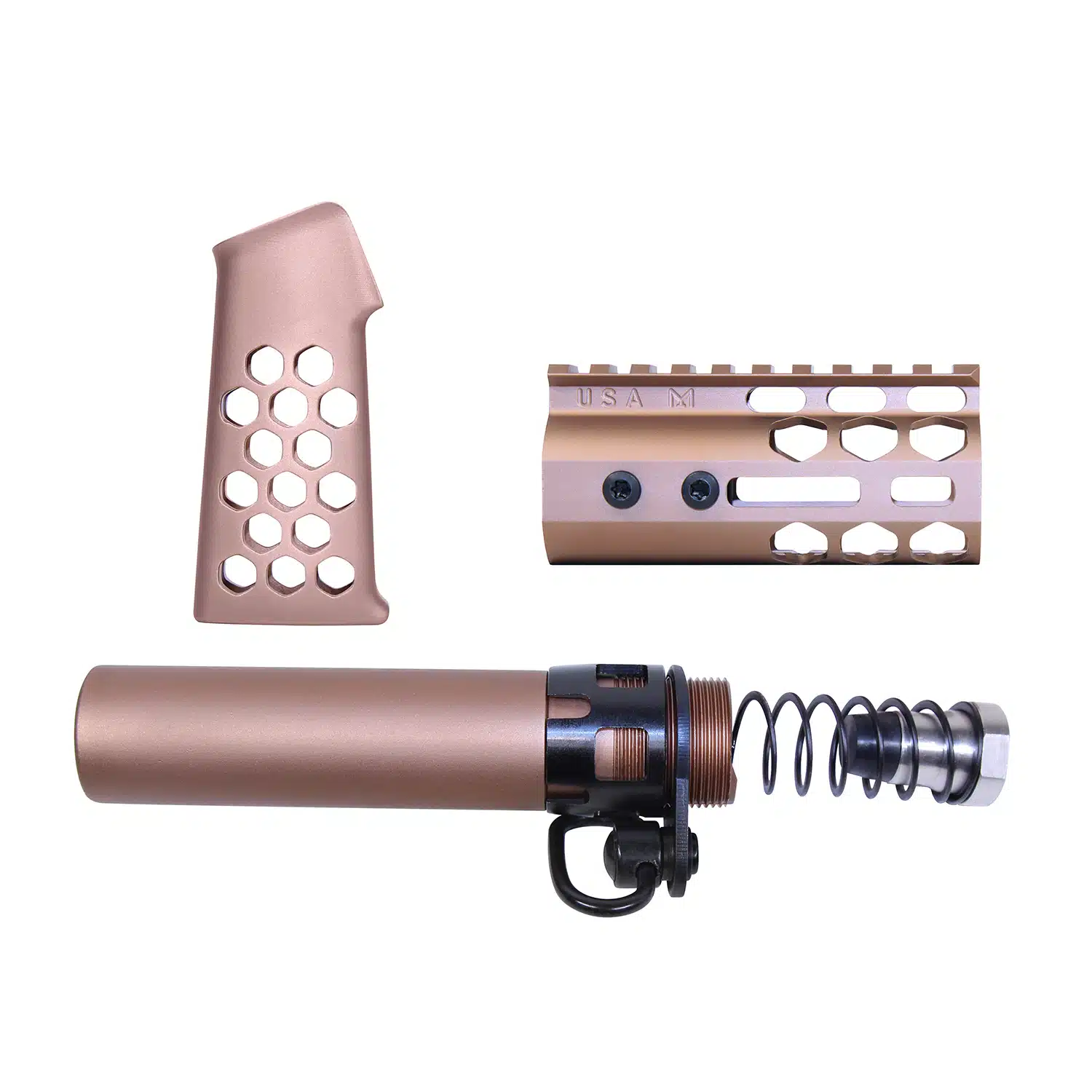 Anodized bronze AR-15 micro pistol furniture set including skeletonized grip, honeycomb handguard, and buffer tube assembly