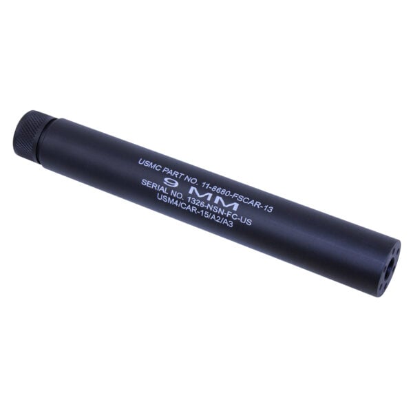 AR-15 9mm fake suppressor in anodized black with laser engraving.