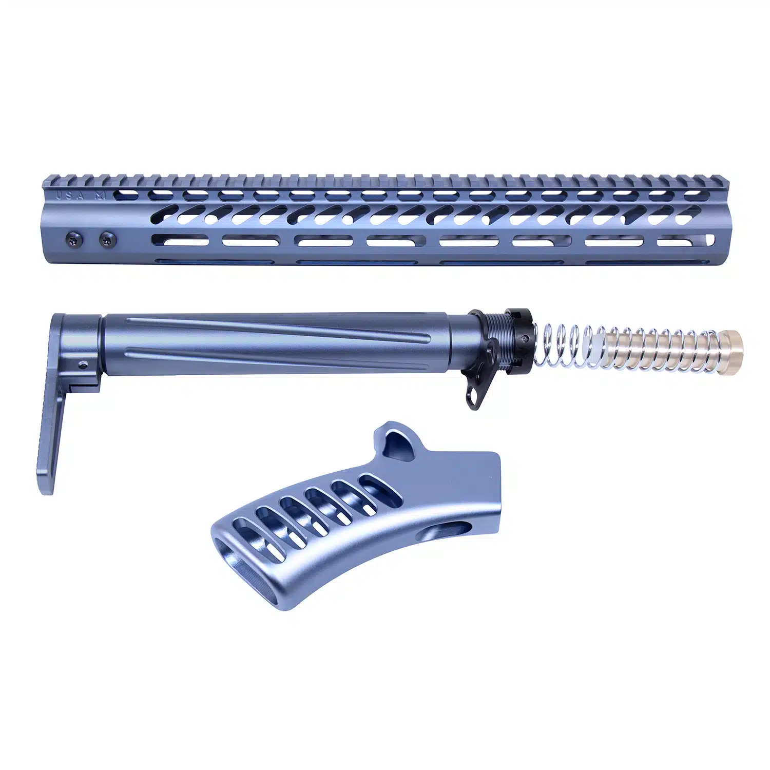 AR-15 Ultra Furniture Set in Anodized Grey, featuring handguard, buffer tube, and ergonomic grip.