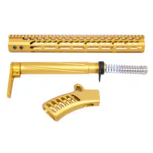 AR-15 compliant furniture set in anodized gold, featuring precision-engineered components.