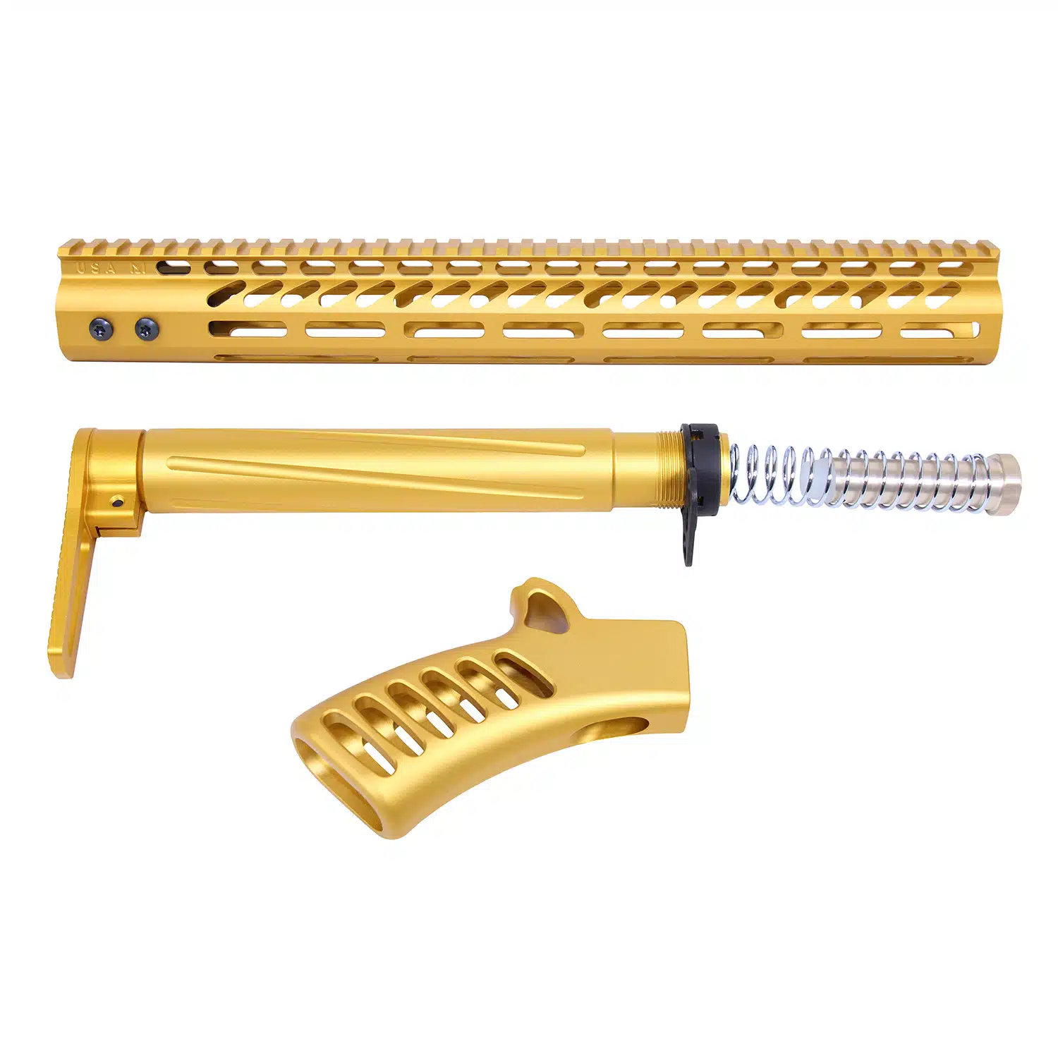 AR-15 compliant furniture set in anodized gold, featuring precision-engineered components.
