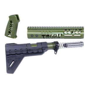 AR-15 Trump Series pistol furniture set in anodized green with stock and handguard.