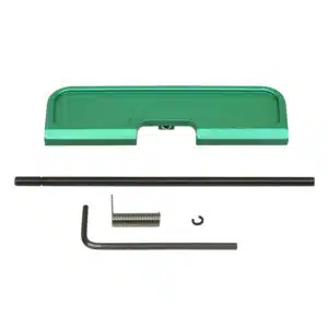 AR-15 Ejection Port Dust Cover in Irish Green with rod, spring, clip, and hex key
