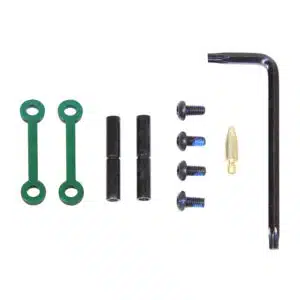 AR-15 green anti-rotation pin set with hex key and screws on white background.