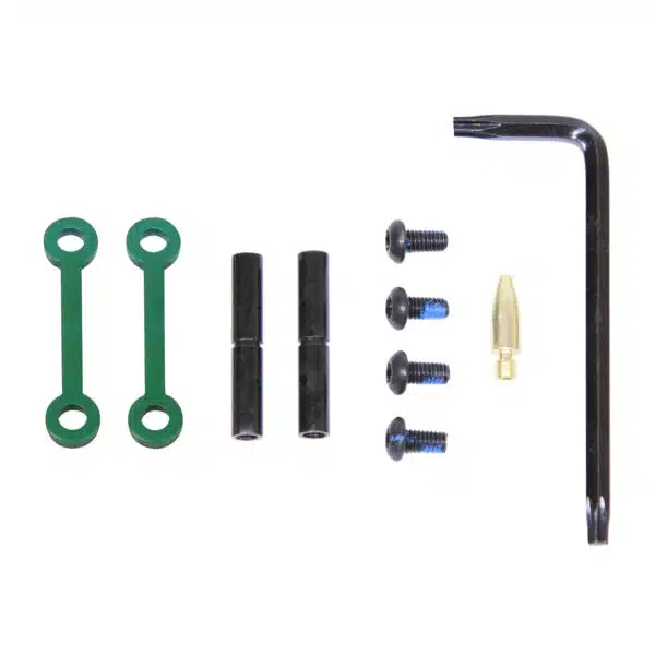 AR-15 green anti-rotation pin set with hex key and screws on white background.