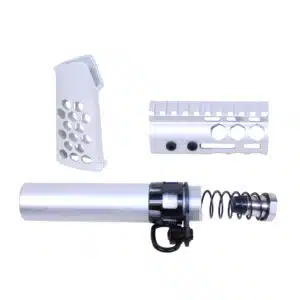 AR-15 Micro Honeycomb Pistol Furniture Set in Anodized Clear finish, showing grip, handguard, and buffer tube assembly.