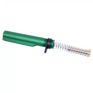 AR-15 buffer tube in anodized green with exposed spring, firearm accessory.