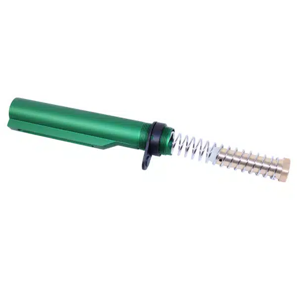 AR-15 buffer tube in anodized green with exposed spring, firearm accessory.
