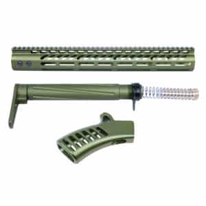 AR-15 furniture set in anodized green, featuring handguard, buffer tube, and pistol grip.