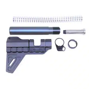 AR-15 pistol brace kit in anodized grey finish, showing brace, buffer tube, spring, and castle nut components.