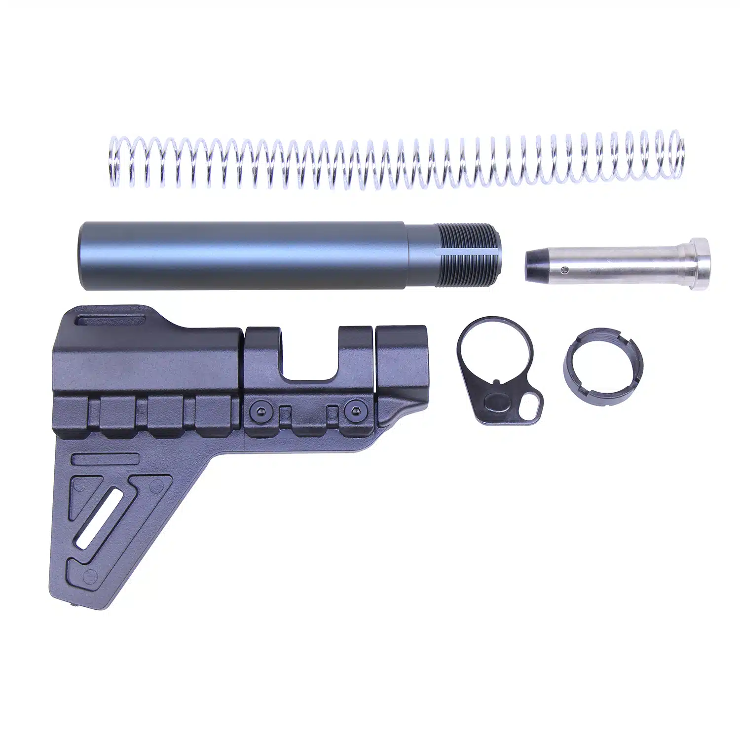 AR-15 pistol brace kit in anodized grey finish, showing brace, buffer tube, spring, and castle nut components.