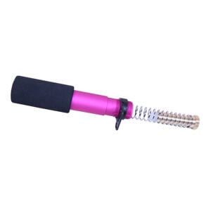 Pink AR-15 pistol buffer tube kit with black foam handle and metallic spring attachment.