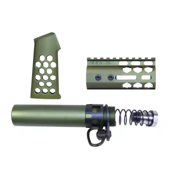 AR-15 green anodized pistol furniture set with grip, handguard, and buffer tube.