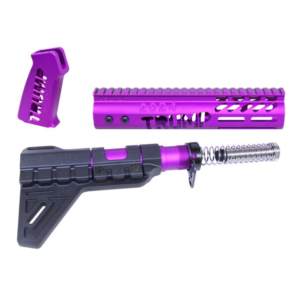 AR-15 Trump Series pistol components in anodized purple with ergonomic design.