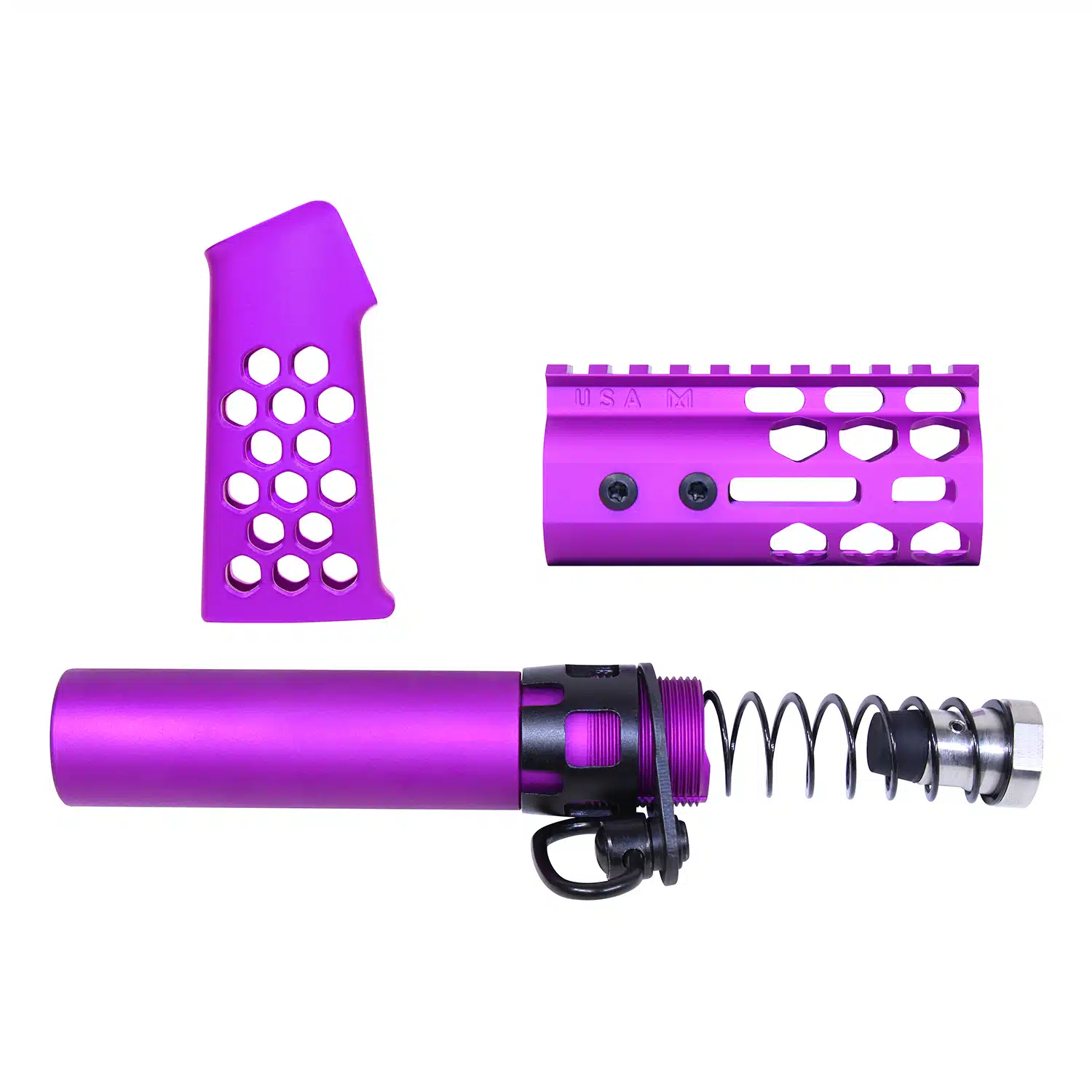 Anodized purple AR-15 micro pistol furniture set including handguard, grip, and buffer tube assembly.