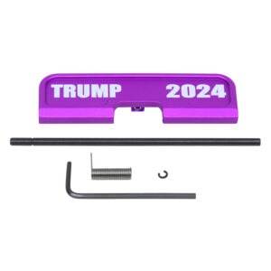 AR-15 dust cover with TRUMP 2024 engraving in anodized purple.