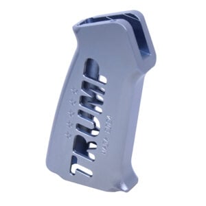 AR-15 Trump Series pistol grip with ergonomic design and star-studded cutout in grey.