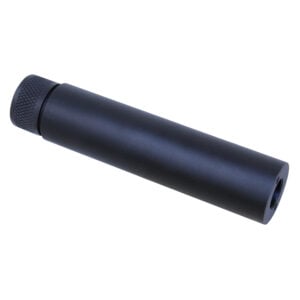 AR .308 Cal 5.5 fake suppressor, anodized black, no engraving, cylindrical design.