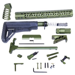 Complete AR .308 rifle kit with green anodized accessories displayed.