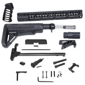 AR .308 rifle kit parts including handguard, buttstock, and accessories on white background.