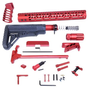 AR .308 rifle kit components in anodized red and black, featuring handguard, stock, and muzzle brake.