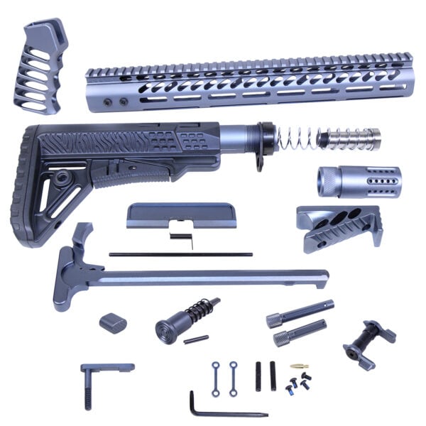 AR .308 rifle kit components in anodized grey with tactical handguard and adjustable stock.