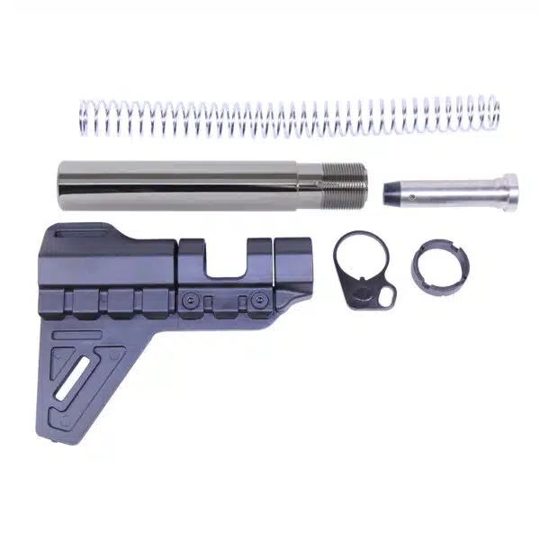 AR-15 tactical pistol brace kit with buffer tube, spring, and hardware on white background.