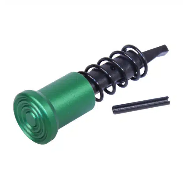 AR-15 buffer assembly with green anodized buffer, black spring, and guide rod for recoil management.