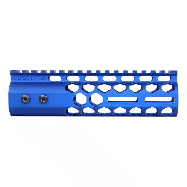 Blue 7-inch Honeycomb M-LOK Handguard with Picatinny Top Rail.