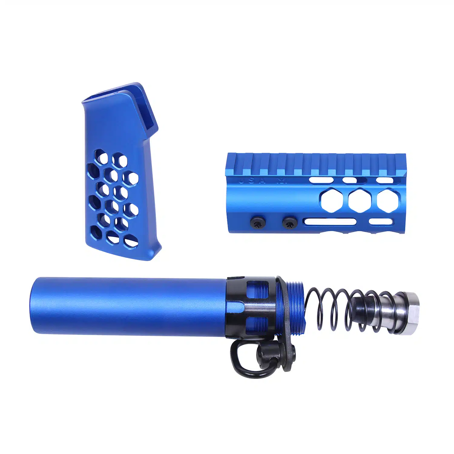 AR-15 Micro Honeycomb Pistol Furniture Set in Anodized Blue showing grip, handguard, and buffer tube assembly.