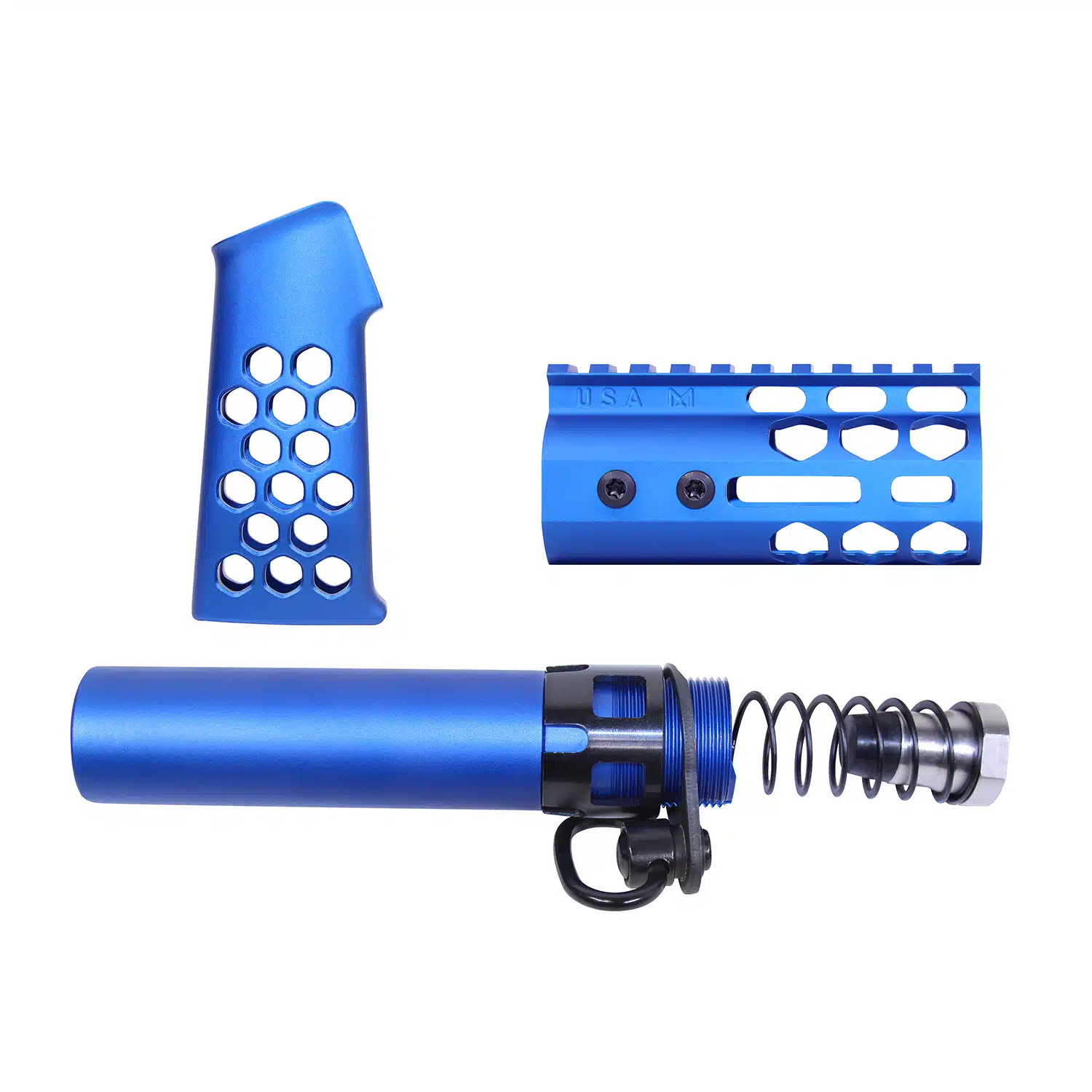 AR-15 Micro Honeycomb Pistol Furniture Set in Anodized Blue, showing grip, handguard, and buffer tube assembly