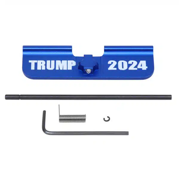 AR-15 dust cover with TRUMP 2024 lasered on anodized blue finish.