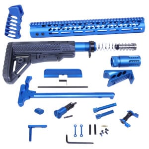 AR .308 rifle kit parts in anodized blue on white background.