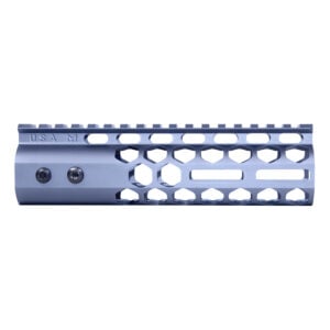 Blue 7-inch M-LOK Free Floating Handguard with Honeycomb Cutouts and Picatinny Rail.