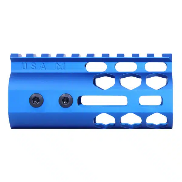 Blue anodized 4-inch M-LOK Free Floating Handguard with honeycomb design.