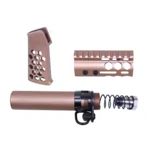 AR-15 pistol furniture set in anodized bronze finish including grip, handguard, and buffer tube assembly.