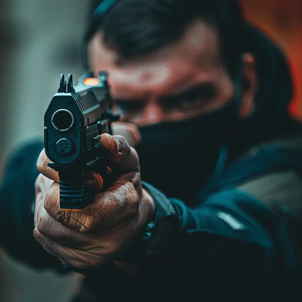 Handheld semi-automatic pistol aimed accurately with fitted muzzle device for optimal shooting style.