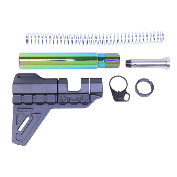 AR-15 Micro Breach Pistol Brace Kit with glossy, multi-colored rainbow finish.