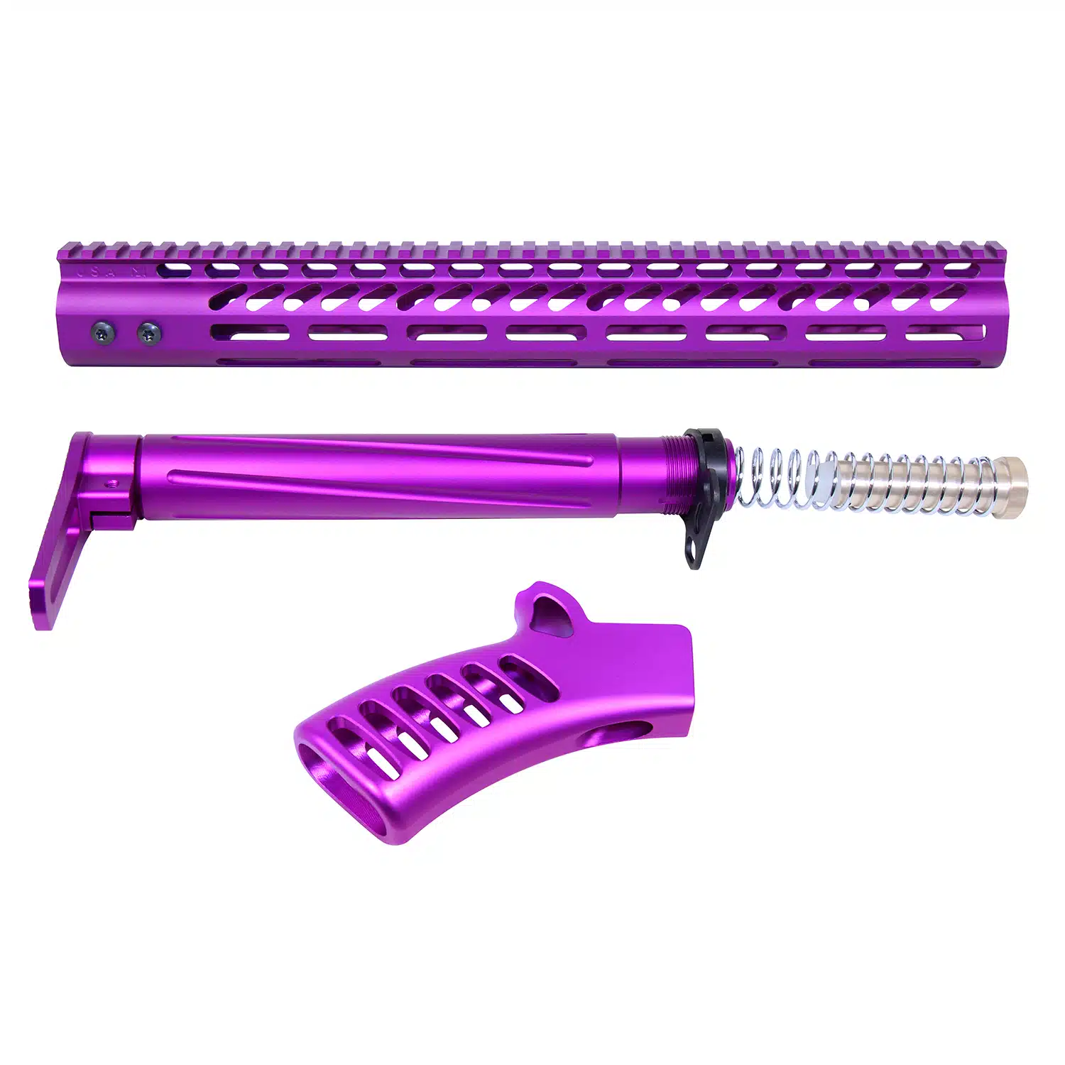 Anodized Purple AR-15 furniture set showing handguard, buffer tube, and pistol grip