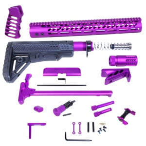 AR .308 rifle kit parts in anodized purple and black layout.