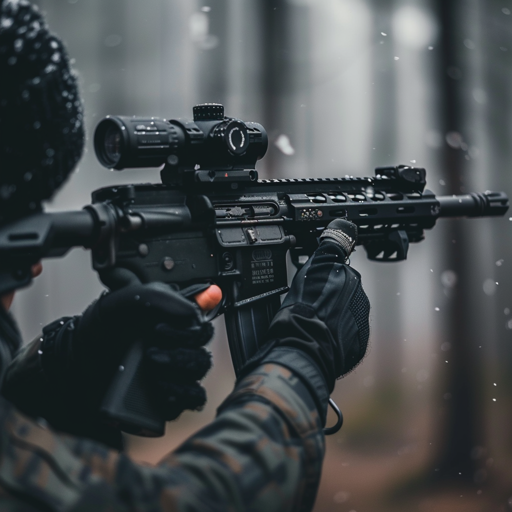Individual customizing AR-15 rifle in a cold, forested setting.