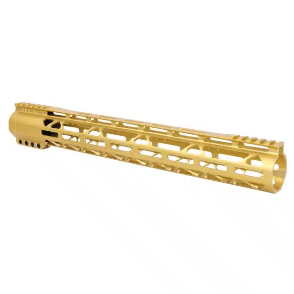 Gold 15-inch AR-308 M-LOK Free Floating Handguard with Ventilation Cutouts.