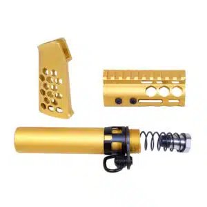 AR-15 Micro Honeycomb Pistol Furniture Set in Anodized Gold finish showing grip, handguard, and buffer tube components.