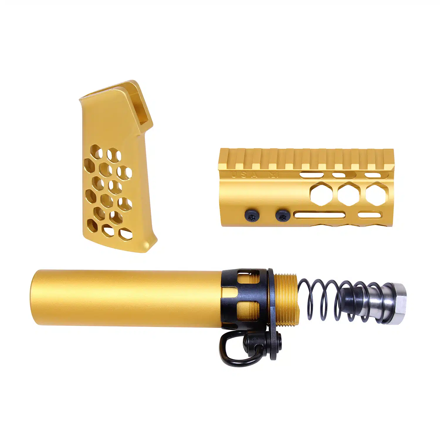 AR-15 Micro Honeycomb Pistol Furniture Set in Anodized Gold finish showing grip, handguard, and buffer tube components.