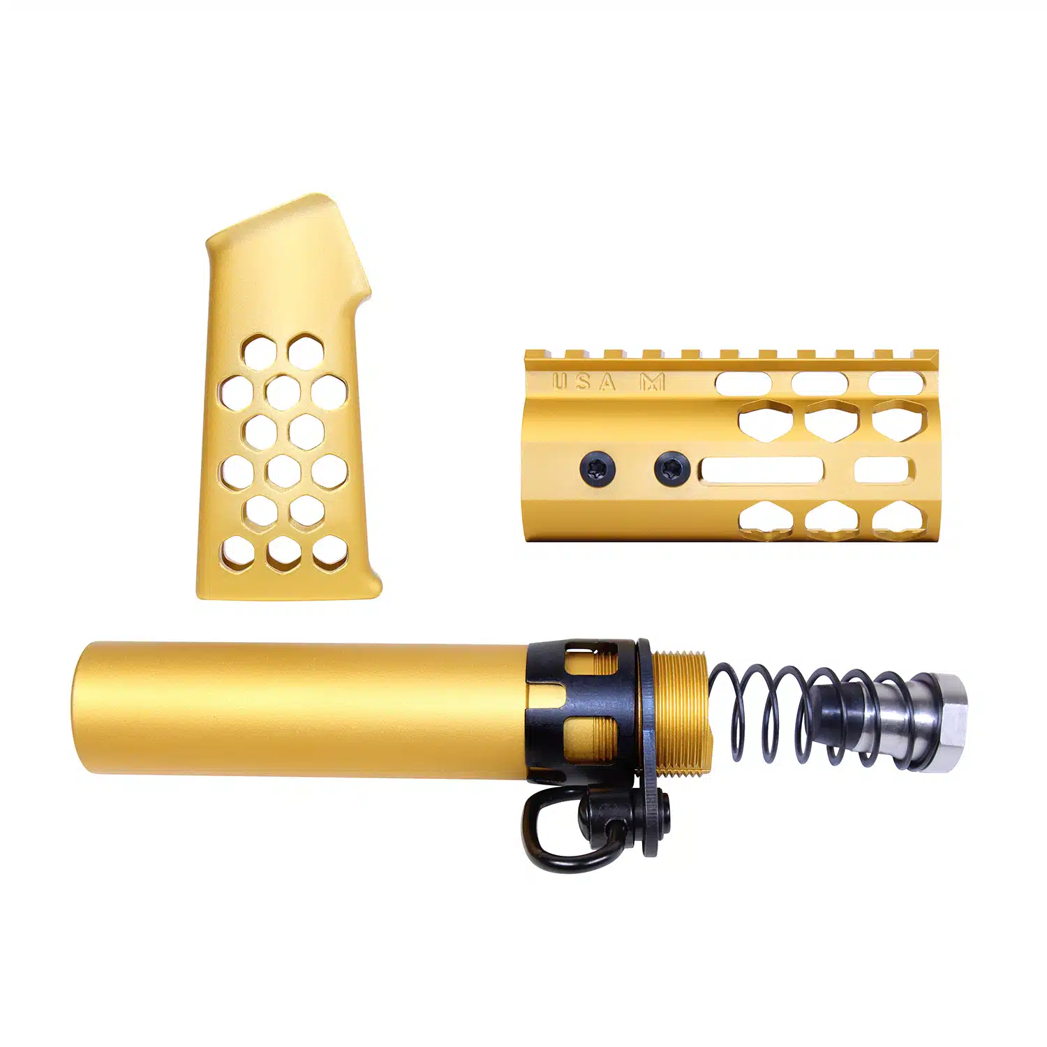 AR-15 Micro Honeycomb Pistol Furniture Set in Anodized Gold finish, showing grip, handguard, and buffer tube assembly.