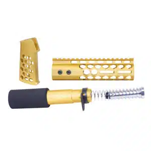 AR-15 Honeycomb Pistol Furniture Set in Anodized Gold with pistol grip, handguard, and buffer tube kit