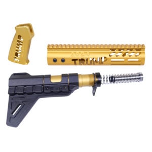 Gold AR-15 Trump Series pistol parts with detailed craftsmanship and branding.