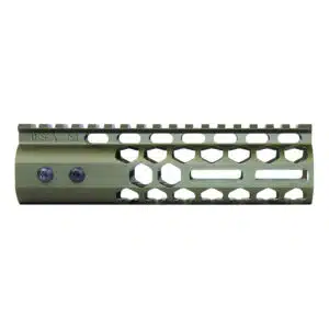 Olive green 7-inch AR rifle handguard with honeycomb M-LOK design and Picatinny rail.