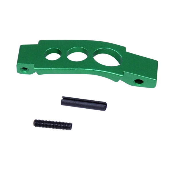 AR-15 enhanced trigger guard in anodized Irish green, featuring durable design with mounting holes.